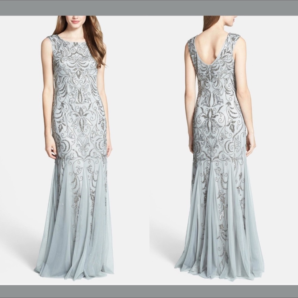Adrianna Papell embellished silver mermaid gown